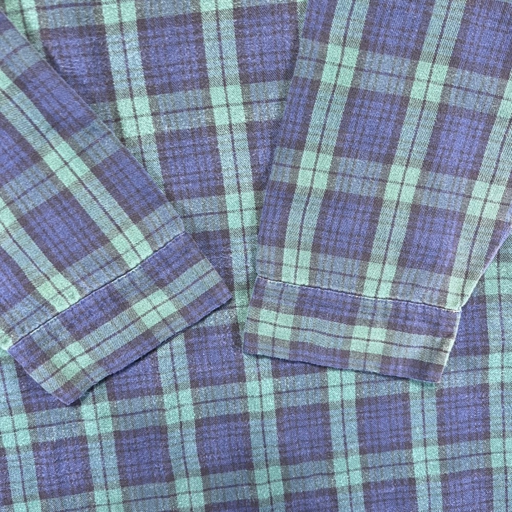 VINTAGE LL Bean Night Shirt Size L Green Blue Plaid Longsleeve Henley Pajama - Picture 14 of 16